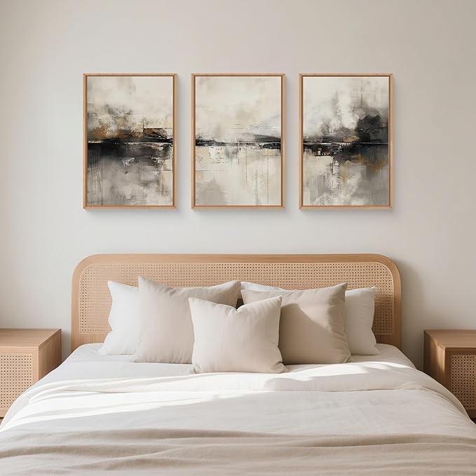 HOURIA Large Abstract Neutral Beige & Black Framed Canvas Wall Art Set,Modern Minimalist Brown Wall Decor,Textured Gray Tan Illustrations Artwork for Living Room, Bedroom, Farmhouse- 16"x24"x3