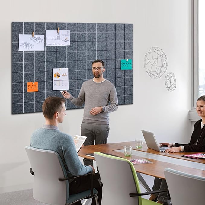 Large Cork Board, 12 Pack Felt Wall Tiles with Safe Removable Adhesive, Bulletin Board for Office, Pin Tack Corkboard for Quilting Design & Dart Wall Protector 48" x 36" - Drak Grey