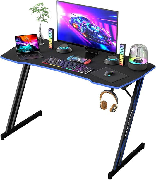 BestOffice 39" Gmaing Desk Computer Gaming Desk Z Shaped Gaming Workstation Ergonomic Gaming Table with Headphone Hook for Game Players,Black&Blue