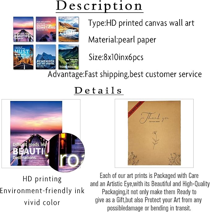 SGGYEFOK Motivational Wall Art Decoration Painting | 6-pack 8 x 10 inches, Suitable for Library, School, Gym,Office， Living Room deco（Frameless） 2
