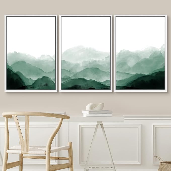 SIGNWIN Framed Canvas Print Wall Art Green Watercolor Mountains in Fog Nature Wilderness Illustrations Modern Art Rustic Scenic Relax/Calm Cool for Living Room, Bedroom, Office - 16"x24"x3 White