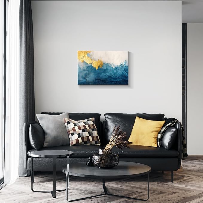 gaosoul Modern Canvas Wall Art Blue Gold Leaf Abstract Painting Prints Minimalism White and Light Blue Tranquility Poster for Living Room Bedroom Office Decor Framed 24x16in