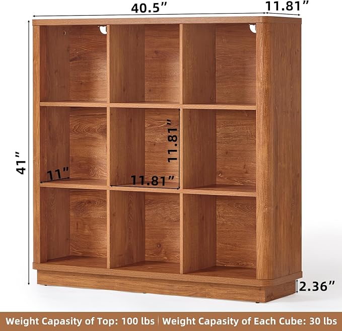 9 Cube Storage Book Shelf, 40.5" Wide Organizer Bookshelf with Curved Edge, Wood Floor Standing 3-Tier Cubby Bookcase with Base, Country Rustic Display Book Case for Library, Office, Brown