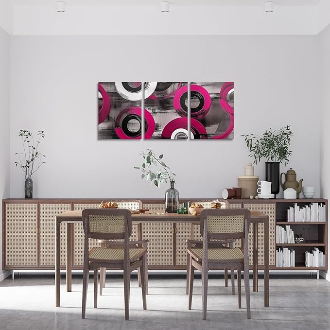 jejeloiu 12"x16"x3pcs Hot Pink Geometric Office Decorations Artwork Posters Boys Girls 3 Piece Canvas Wall Art for Living Room Bedroom Abstract Art Picture Wall Decor
