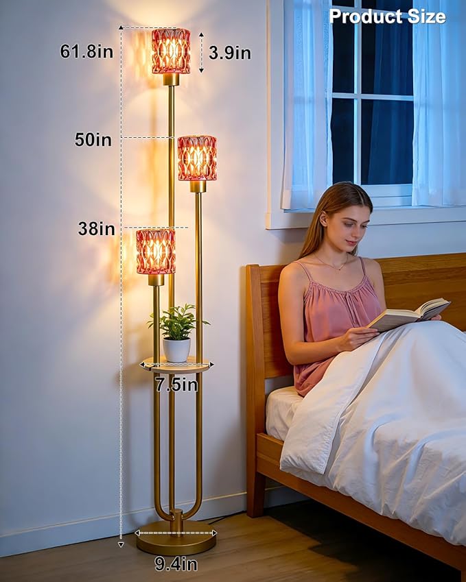 62IN Gold Floor Lamp with Deep Red Glass Shade 3-Lights Mid-Century Modern Farmhouse Floor Lamps with 3000K Soft Warm White Bulbs, Tall Standing Lamp for Living Room/Bedroom/Corner