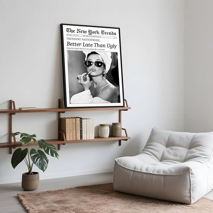 Framed Better Late Than Ugly Wall Decor Vintage Newspaper Wall Art Black and White Fashion Poster Audrey Hepburn Chic Decor New York Trends Glam Quote Canvas Print for Bedroom Bathroom Dorm 24x36inch