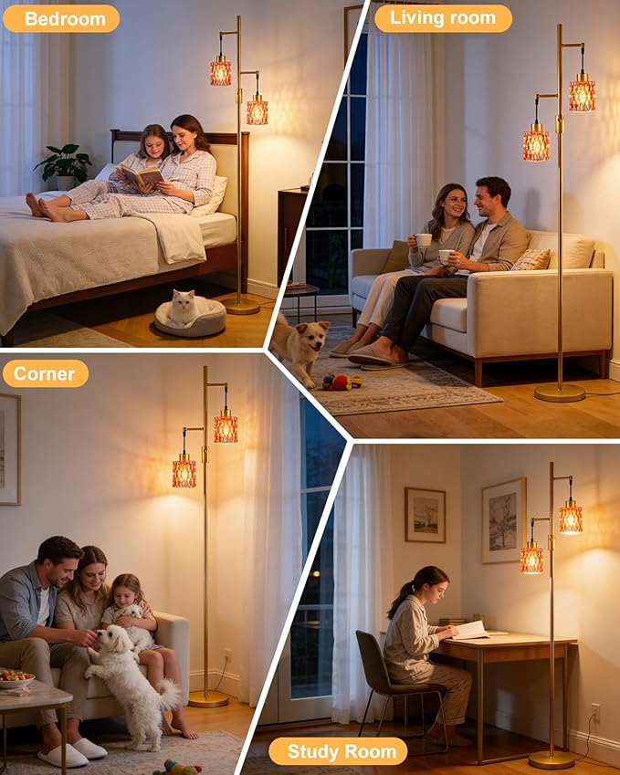 Lightdot 65IN Industrial Gold Floor Lamp for Living Room, 2- Light Rose Red Glass Floor Lamps with 3000K Warm White Bulbs, Modern Tree Standing Tall Lamp for Bedroom Office