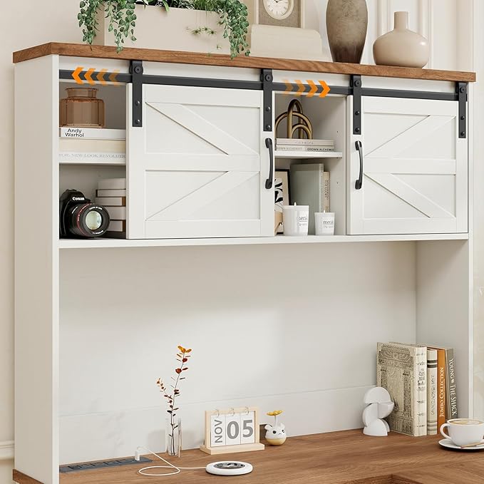 Farmhouse 68"H L Shaped Desk with Hutch,Office Table with 3 Drawers and Sliding Doors, Executive Desk with File Drawers and Charging Station,Workstation for Home Office & Study, Unique White.