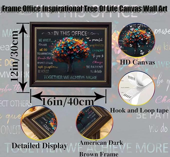 Dark Brown Frame Office Inspirational Tree Of Life Canvas Wall Art Teamwork Positive Energy Picture Wall Decor Team Rules Inspiring Poster Print Painting for Living Room Bedroom Man Cave Decoration