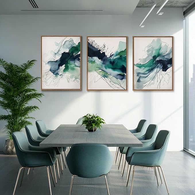 myusuar 3 Piece Large Abstract Framed Wall Art For Living Room, Smoke Texture Ink Emerald Green Canvas Wall Art Modern Minimalist Art Prints Wall Décor For Bedroom Office 16x24in