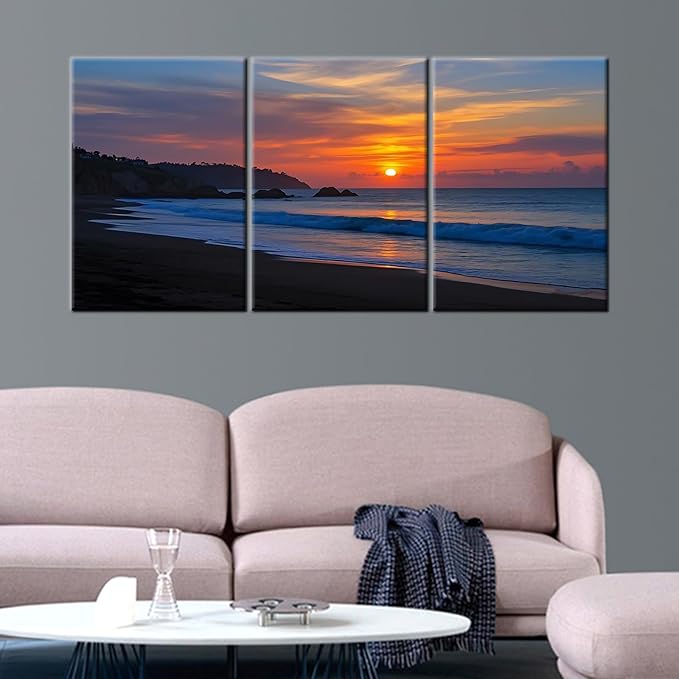 Sandy Beach at Dusk Landscape Posters Print for Office Wall Decor Reef Scenery Canvas Wall Art Reef by The Sea Modern Wooden Framed Painting Artwork for Living Room Hotel Ready to Hang [60''Wx28''H]