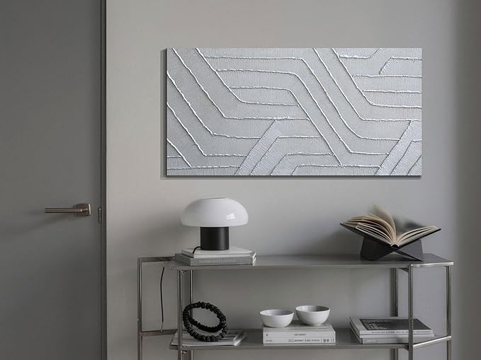 Arjun Modern Abstract Textured Wall Art Geometric Silver Grey Canvas Painting,Hand Painted Large Artwork Framed Picture for Living Room Bedroom Home Office Wall Decor 40"x20"