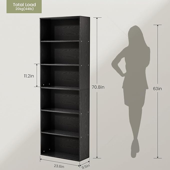 71" Tall 6-Tier Bookshelf, Large Open Display Bookcase with Ample Storage, Floor Standing Book Shelf for Living Room, Home Office, Bed Room, Black