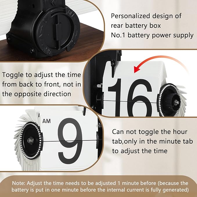 FOSA Flip Desk Clock, Retro Vintage Flip Desk Table Clock, Digital Sided Large Numbers Mechanical Flip Clock Wood Base for Living Room, Study Room and Office（Black）