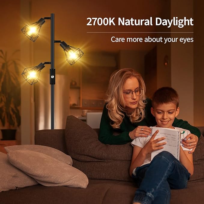Floor Lamp, Industrial Floor Lamps for Living Room,Tree Standing Lamp Bright with 3 Charm Diamond Head 1200 Lumens Edison Bulbs LED,3 Way Switch,Modern Stand up Lamp for Bedroom Office Farmhouse