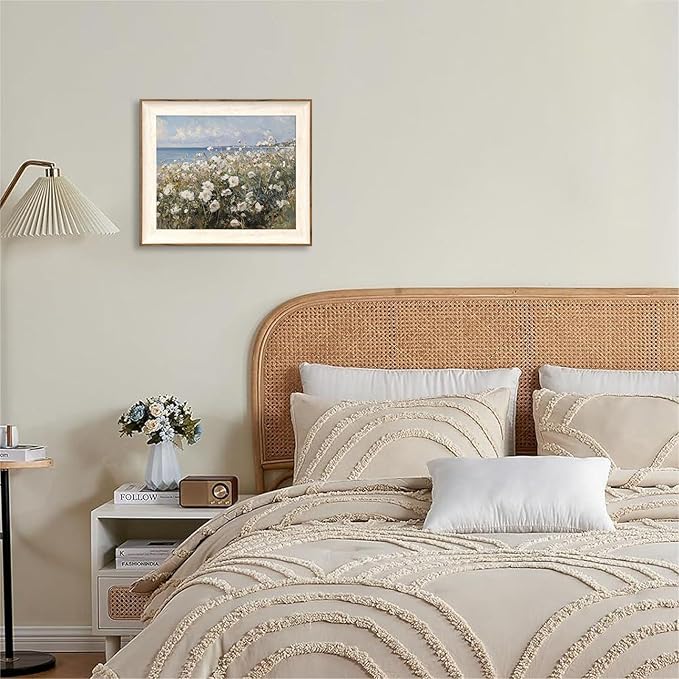 ASTRDECOR Framed Canvas Wall Art Room Decor, Vintage Landscape Wall Art for Home Decor Aesthetic Artwork, Coastal Scenery Nature Rustic Farmhouse Wall Decor for Living Room, White Wildflowers Oil Painting Pictures Bathroom Wall Decor- 10''x12''