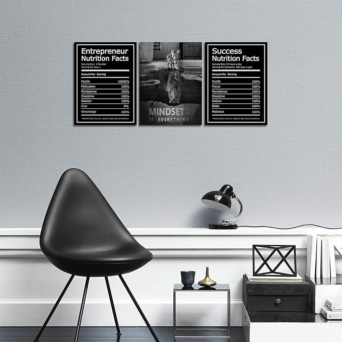 KAWAHONE Motivational Mindset Canvas Wall Art, Success Entrepreneur Nutrition Facts Mindset is Everything Office Inspirational Poster Prints Quotes Wall Decor Gallery-Wrapped Framed Ready to Hang