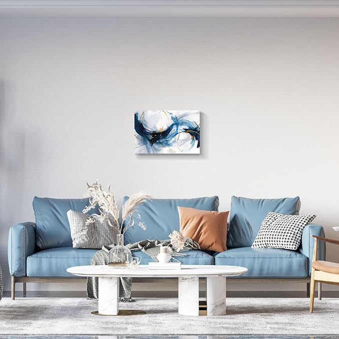 gaosoul Modern Abstract Canvas Wall Art Vibrant Blue Gold Lines Doodled on White Background Paintings Stylish Framed Minimalism Artwork Prints for Living Room Bedroom Office Decor 24x16in