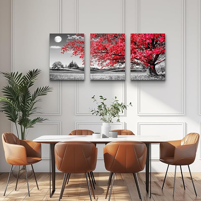 canvas wall art for living room family bedroom Wall Decor Black and white red tree moon landscape painting Ready to Hang for room Decorations Works office Decor Prints pictures 12" x 16"3 Pieces