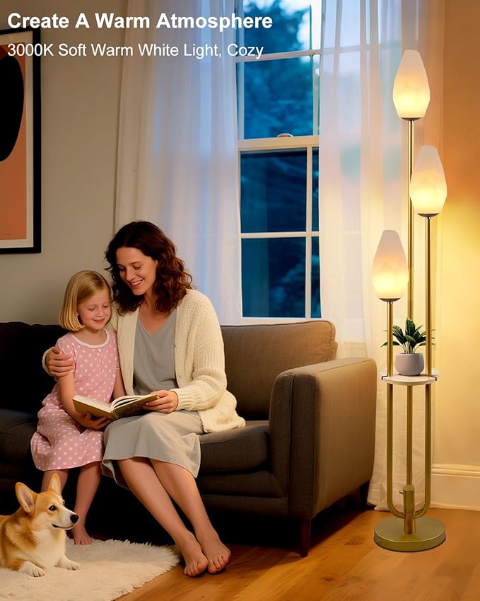 Gold Floor Lamp with Tray, 3-Lights Dimmable Floor Lamps with Rock-Shaped Shade, Unique Candle Holder Style Modern Tall Standing Lamp for Living Room/Party(Bulbs Included)