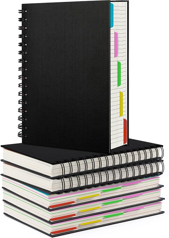 EUSOAR Hardcover Spiral Notebook, 6 Pack A5 5.5"x 8.3", 5 Subject Notebook, 120 Sheets/ 240 Pages, Premium Thick 100gsm, Large Journal Notebooks with Dividers for School Office Note Taking Gift