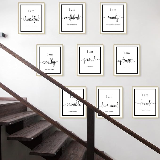Outus 9 Pieces Inspirational Motivational Wall Art Office Bedroom Wall Art,Daily Positive Affirmations for Men Women Kids Inspirational Positive Quotes Sayings Decor(White)
