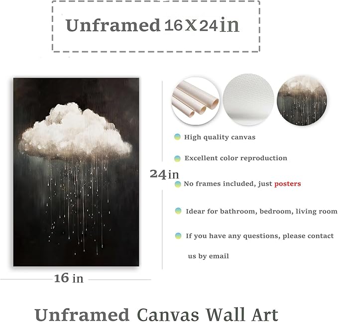 Modern Abstract Canvas Prints Wall Art Vintage Rain Cloud Oil Painting Wall Art White Clouds in The Sky Nature Abstract Minimalist Home Artwork Decoration for Bedroom, Bathroom, Farmhous, Unframed