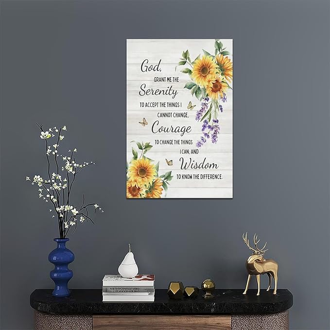 Serenity Prayer Wall Decor Christian Religious Sunflower Pictures Inspirational Bible Verses Scripture Canvas Wall Art God Painting Home Modern Artwork Framed for Living Room Bedroom Office 16x24inch