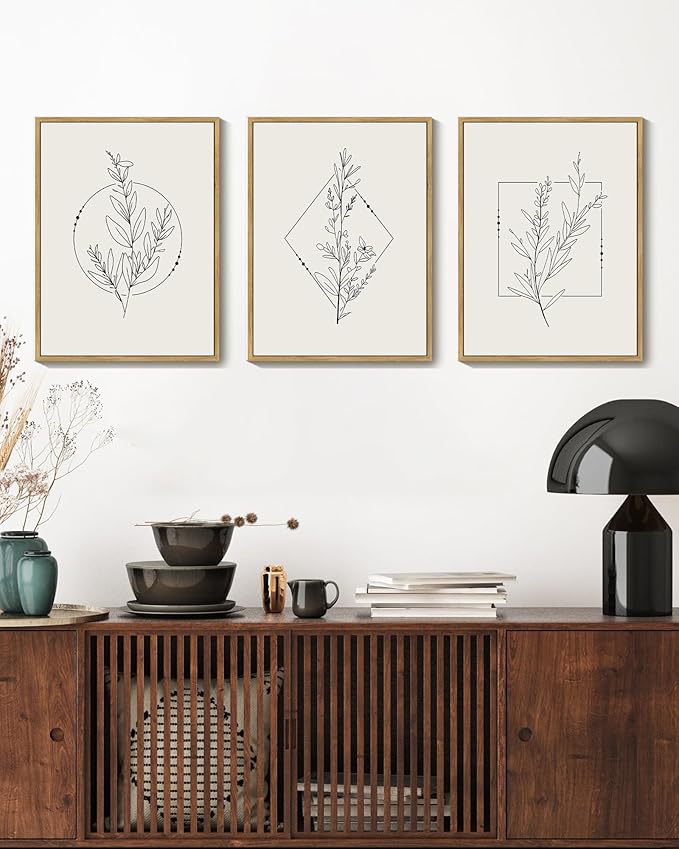 Drsoum Minimalist Flower Wall Art Vintage Wall Hanging Decor Black Line Botanical Prints Artwork for Office Dining Room Hallway 11x14in Natural Framed