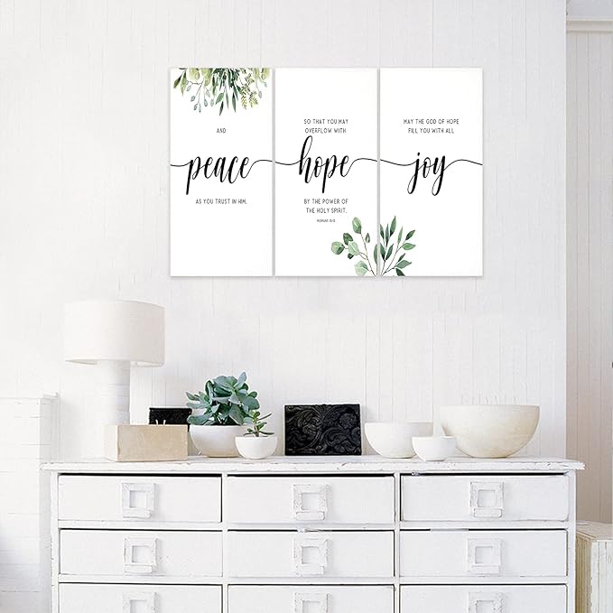 3 Piece Inspirational Wall Art, White Plants Background Picture, Quotes Peace Hope Joy Canvas Print for Home Decor, Triptych Motivational Poster Framed Artwork for Classroom Wall Decor (36" Wx24 H)