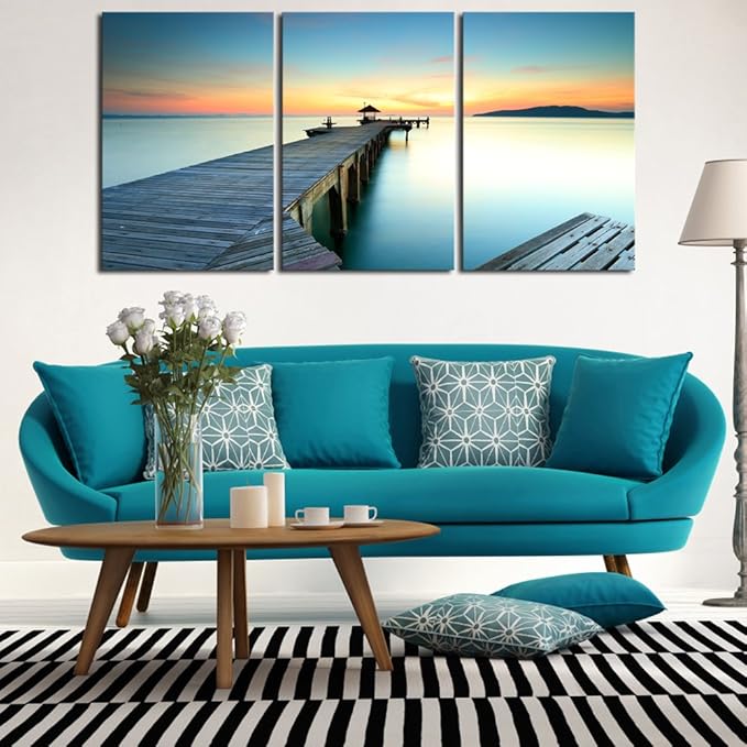 Wieco Art Bridges over the Sea Large Canvas Prints Wall Art Seascape Pictures Paintings for Bathroom Living Room Home Decorations 3 Panels Modern Gallery Wrapped Ocean Sea Beach Giclee Artwork L