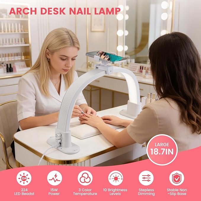 Half Moon Light for Nail Desk: 18.5" Half Moon Nail Tech Light with Phone Holder -Shadow-Free Arch Nail Table Lamp with with 3 Color Modes & 10 Brightness for Manicure Salon (White, 18inch)