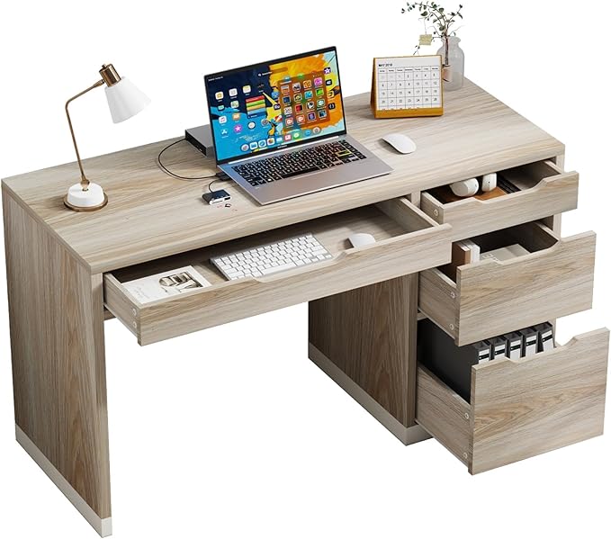 52 Inch Desk with 4 Drawers, Computer Desk with Storage File Drawer for Bedroom, Small Office Desk with Storage for Small Space, Walnut