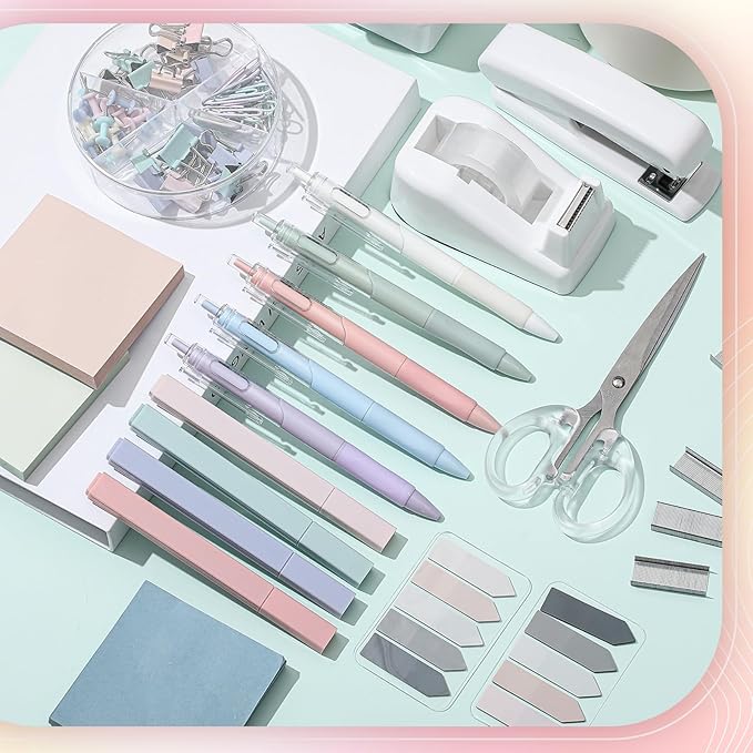 Kosiz Morandi Office Supplies Aesthetic Desk Organizer Pink Desk Accessories Gift for Pen Holder Stapler Binder Sticky Notes Paper Clips Scissor Staples Aesthetic for Women Men Students