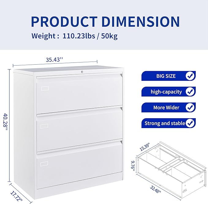 3 Drawer Filing Cabinet, Black Lateral File Cabinet with Lock, Lockable Metal File Cabinet for Home Office, Office File Cabinets for Legal/Letter/A4/F4 Size with Hanging Files&Key (White(3 Drawer))