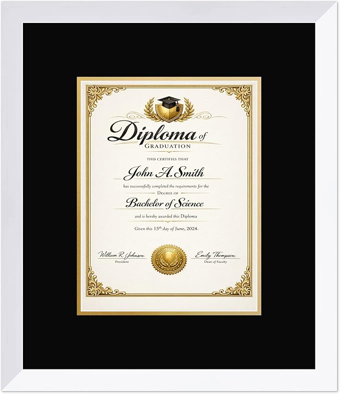 CountryArtHouse Diploma Frame Fits 8.5 x 11 Certificate (Portrait) - Keepsake Graduation Display Bright White Genuine Hardwood with Black Over Metallic Gold Double mat