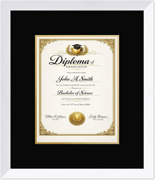 CountryArtHouse Diploma Frame Fits 8.5 x 11 Certificate (Portrait) - Keepsake Graduation Display Bright White Genuine Hardwood with Black Over Metallic Gold Double mat