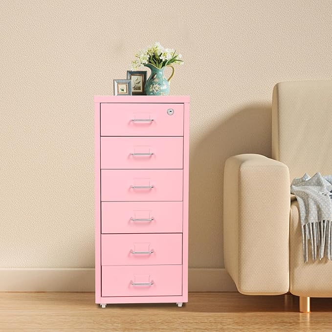 Vertical File Cabinets | 3 Drawer File Cabinet with Wheels| Steel Lockable Storage Cabinets | Metal S-torage Cabinet for Home Office | Storage A4/F4/Letter/Legal (Pink-6 Drawers)