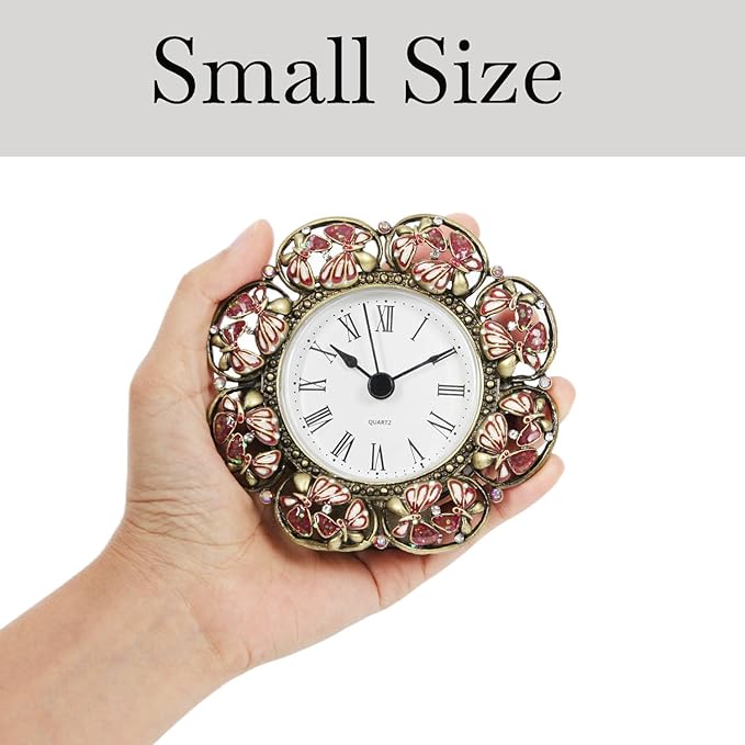 Mini Tabletop Clock, Decorative Vintage Floral Metal Table Clock with Battery Operated for Bedside, Table, Living Room, Home and Office