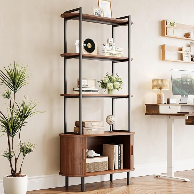 5 Tier Tall Bookshelf with Cabinet, Fluted Bookcase with Sliding Door, Metal and Wood Display Shelf, Free Standing Storage Shelving Unit, Corner Storage Organizer for Living Room, Home Office, Walnut