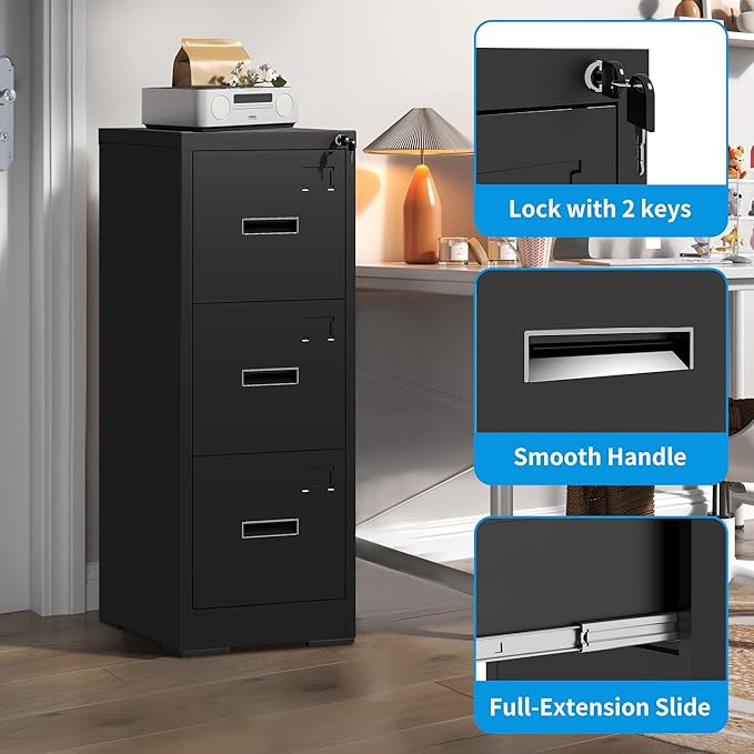 3 Drawer Filing Cabinet with Lock and Card Slot, Locking Vertical File Cabinet for Home Office, Small Metal File Cabinets for Hanging Legal Letter File Folders, Assembly Required(Black)