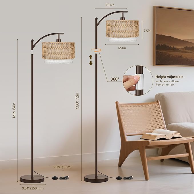 ROTTOGOON Arc Floor Lamps for Living Room, Boho Farmhouse Floor Lamp with Remote & Dimmable Bulb, Standing Lamp with Rattan & Fabric Shades, Adjustable Tall Lamp for Bedroom Office-Brown