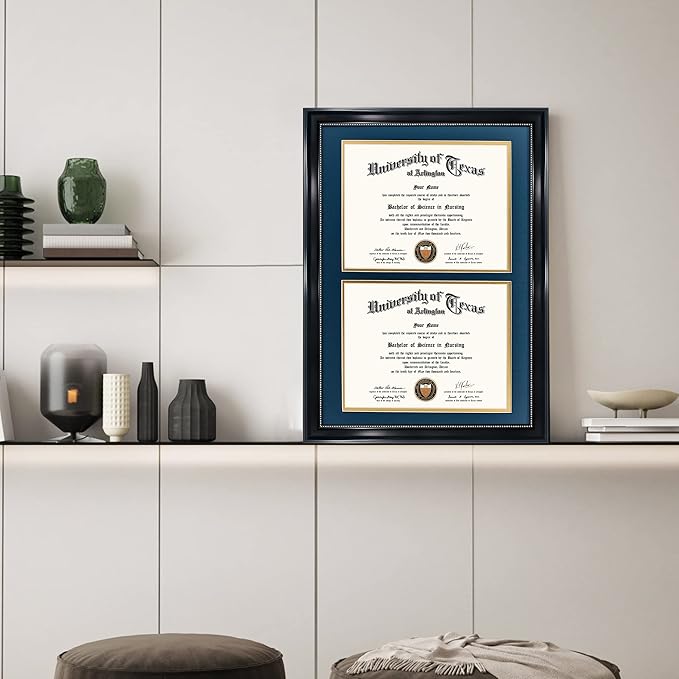 GraduationMall 14x20 Double Diploma Frame, Display 8.5x11 Certificate with Navy over Gold Mat,Tempered Glass,Black with Silver Beads