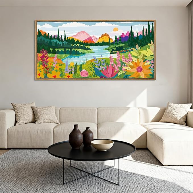 ANHUIB Large Colorful Wildflower Wall Art 20x40 Inch Framed Boho Abstract Floral Wall Decor Forest Woodland Painting Muticolor Mountain Range Illustration for Living Room Dining Room Bedroom