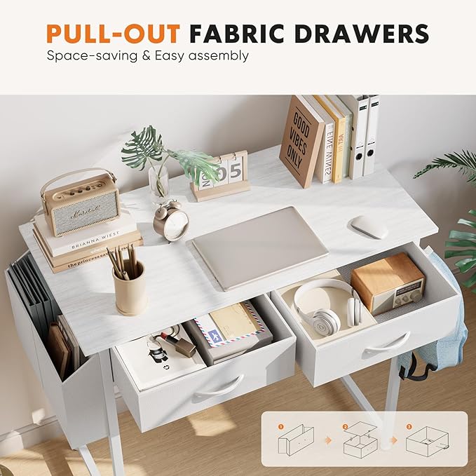 Sweetcrispy Computer Desk Small 32 Inch Home Office Bedroom Writing Study PC Table with Fabric Storage Drawers Space Side Bag Headphone Hook Metal Frame Adjustable Feet Modern Simple Style, White Wood
