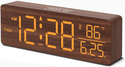 DreamSky Wooden Digital Alarm Clocks for Bedrooms – Large Display Desk Clock with Date & Day of Week for Living Room, Temperature, Dimmer, Adjustable Volume, Auto DST, Office Wood Décor (Plug-in)