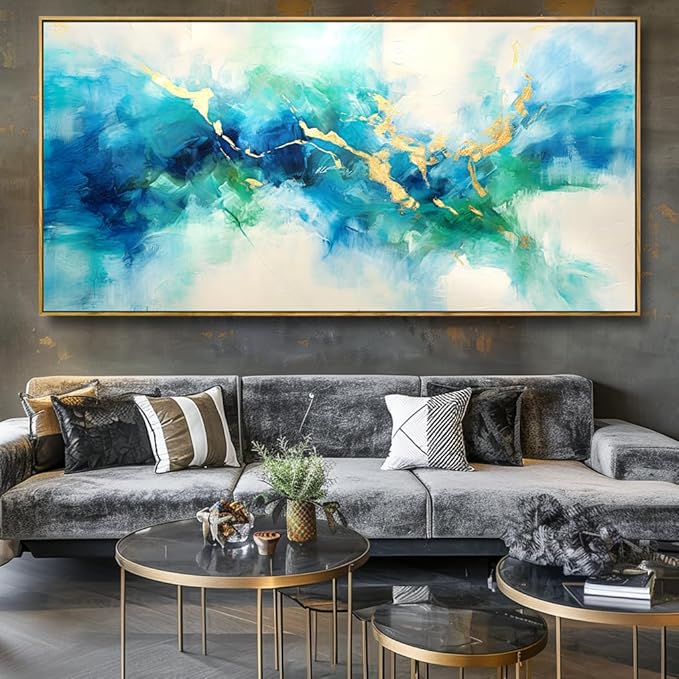 Wall Art Abstract Canvas Painting Green Blue and Gold Fantasy Wall Decor Modern Artwork for Bedroom Living Room Dining Room Home Office Decor 30"x60" with Framed