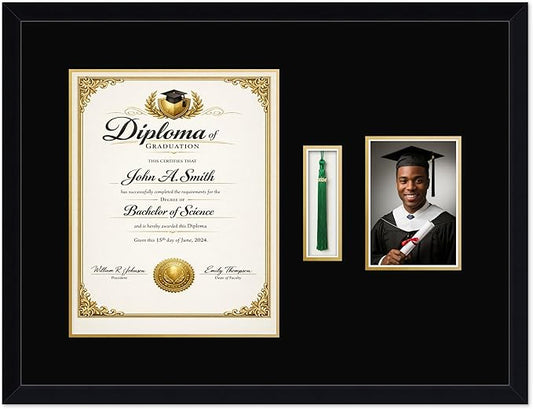 CountryArtHouse Diploma Tassel and Photo Shadowbox Fits 11 x 14 College Diploma (Portrait) with Tassel Hook Matte Black Genuine Hardwood with Black Over Metallic Gold Double mat