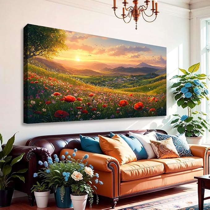 JLXART Wall Art for Living Room Decor Mountain Sunset Landscape Canvas Wall Art with Red Poppies Prints Nature Scenery Artwork Framed Size 24 x 48 in Ready to Hang