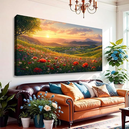 JLXART Wall Art for Living Room Decor Mountain Sunset Landscape Canvas Wall Art with Red Poppies Prints Nature Scenery Artwork Framed Size 20 x 40 in Ready to Hang